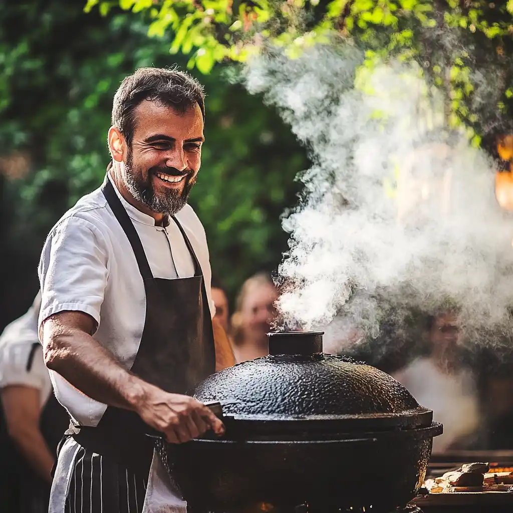 Maîtrisez l’Art du Fumage,un homme devant un fumoir, c'est un chef du fumage prêt a préparer le fumage 