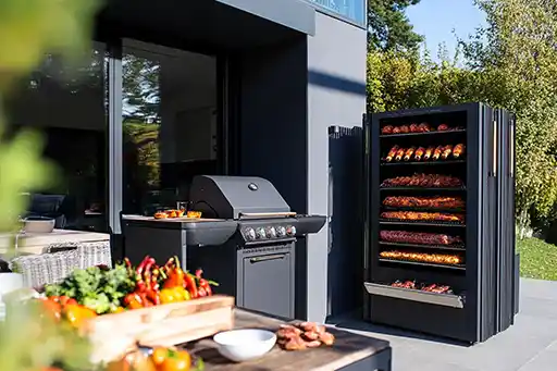 Maîtrisez l’Art du Fumage, fumoir a viande vertical avec un fumoir BBQ extérieur sur une terrasse de jardin
